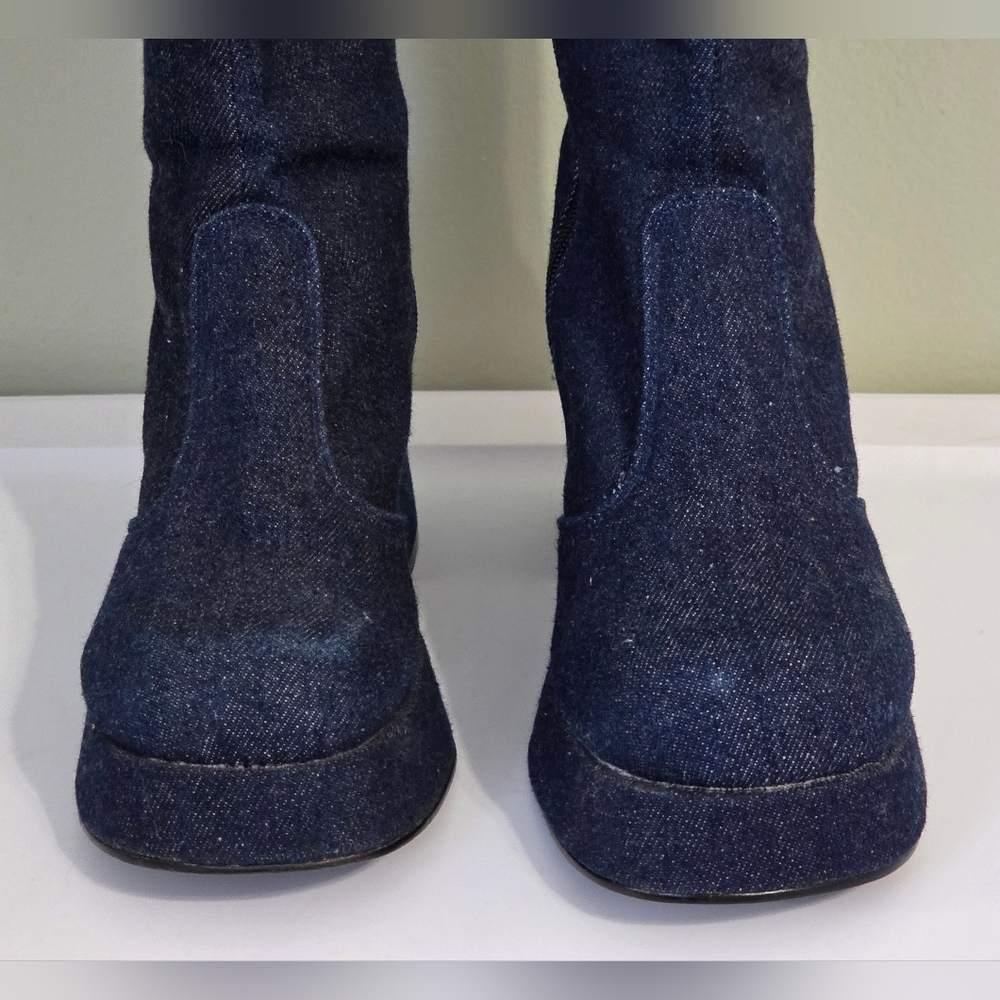 🪩 VTG Denim Floral Le Chateau Platform Boots 70s Disco Y2K Mismatched Sz 8/7 - Picture 12 of 16